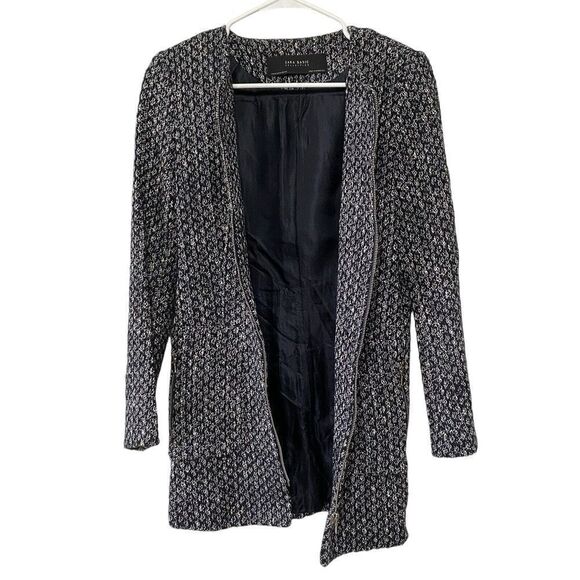 ✨Zara Classic Minimalist Tweed Blue White Zip Up Sz Medium Peacoat✨ - Picture 8 of 10